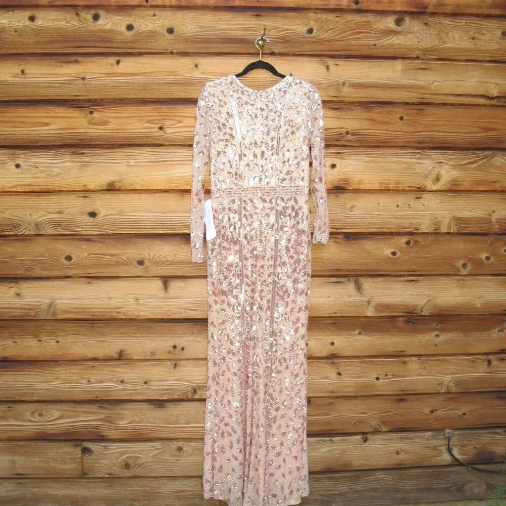 NWT Mac Duggal EMBELLISHED FRONT SLIT LONG SLEEVE GOWN ROSE Gold 12 - Picture 11 of 16
